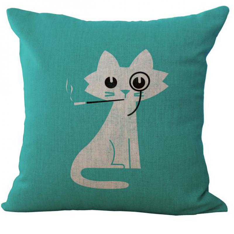 European Style Cartoon Cat Printed Cotton Linen Throw Pillow Case
