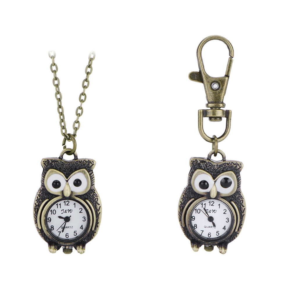Free Shipping Vintage Bronze Lovely Owl Pendant Quartz Watches Necklace Chain Pocket Watch Gift Key Chains