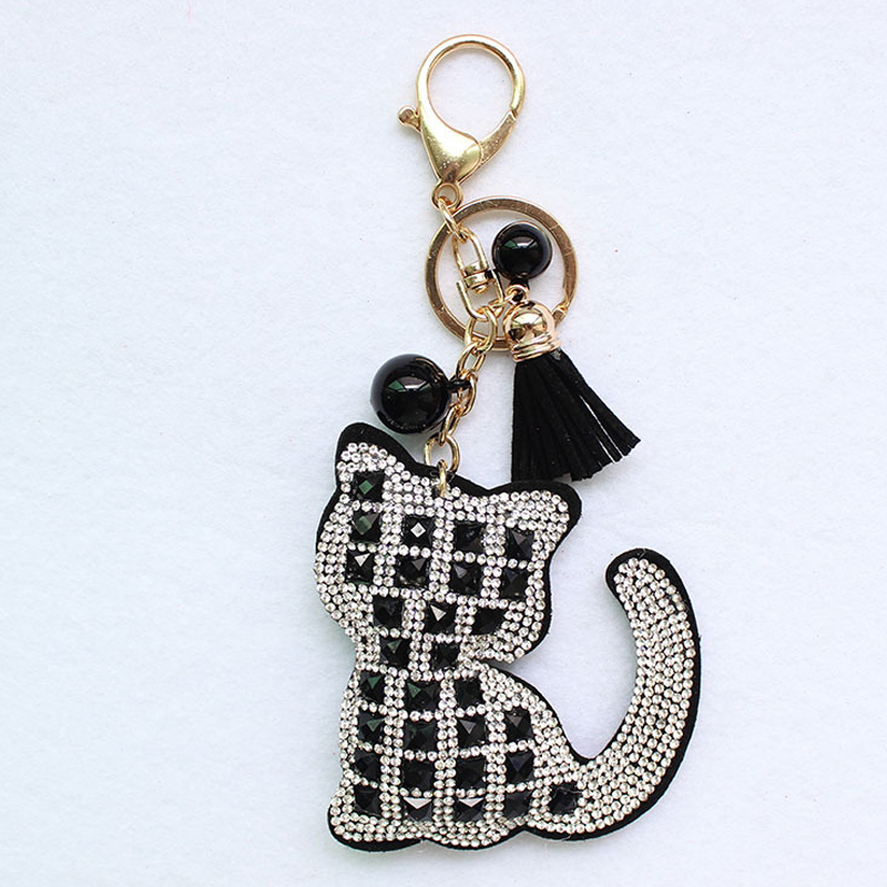 Crystal Rhinestone leather Cat Keychain leather tassel pendant Souvenir Gifts Couple Key Chain Key Ring Hang bag Charms Pendant