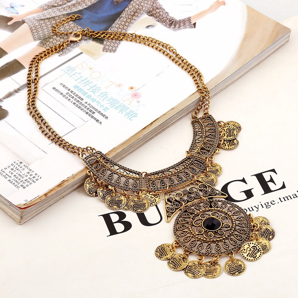 Moda Collier Femme 2016 Women bohemia Vintage Maxi Collar de bisutería joyería étnica de la moneda borla Collar llamativo en Collares pendientes de Joyas y