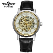 Classic Skeleton Silver Color Dial Gold Alloy Case Leather Mechanical relojes de hombre luxury Winner gift