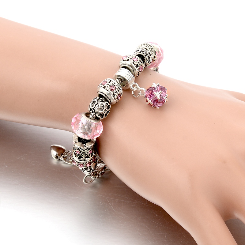 adjustable pink crystal&glass beads charm bracelet for women fit pandora bracelet jewelry pulseira feminina sale SBR150306