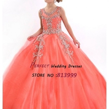 2016 Girls Pageant Dresses For Little Girl Ball Gown Tulle Crystals Beaded Coral Flower Girl Gown AR1107
