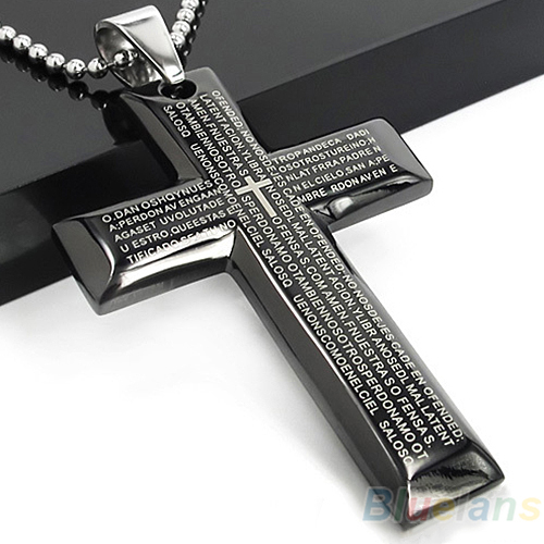 High Quality Men s Jewelry Black Blue Stainless Steel Bible Cross Pendant Necklace Chain items 00KS