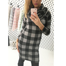 2016 Spring New Women Mini Dress High Collar Plaid Check Tartan Print Long Sleeve Vintage Style Office Dress high quality