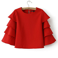 Korean Style 2016 Spring Red Crop Top Blouse O Neck Petal Ruffles 3 4 Sleeved Short