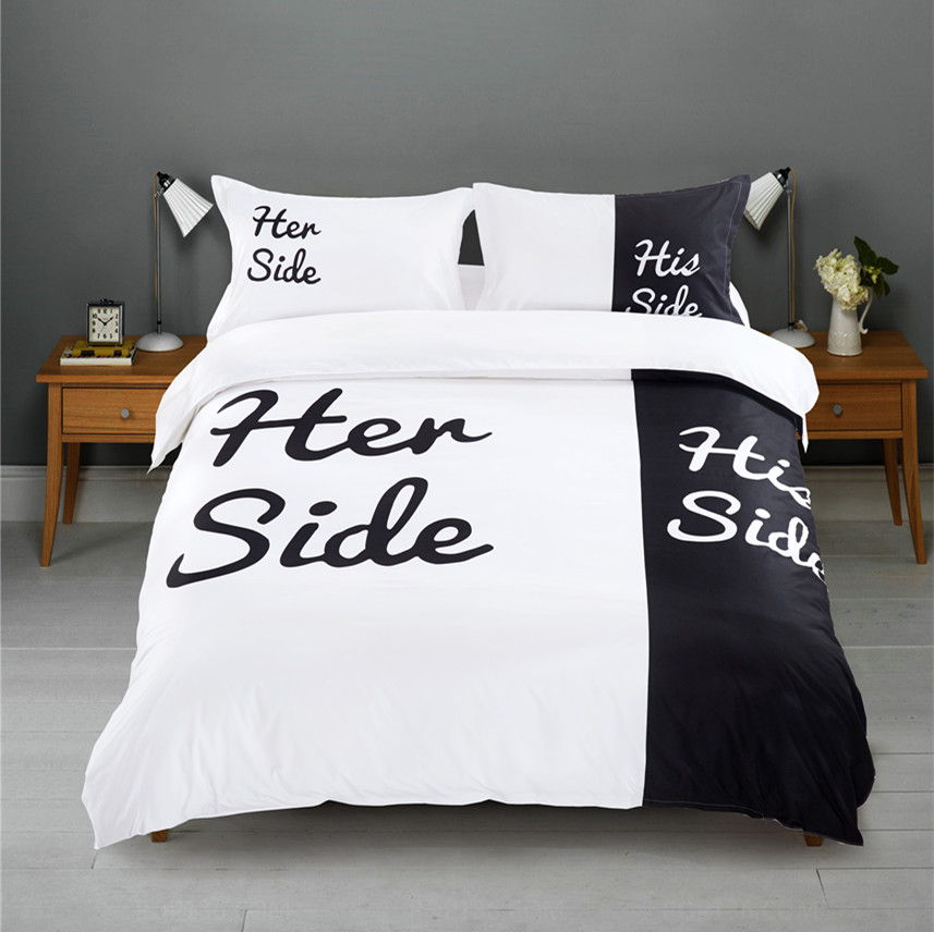 Her Side His Side bedding sets Queen/King Size Couple double bed Black&white 3pcs/4pcs Bed Linen Couples Duvet Cover Set