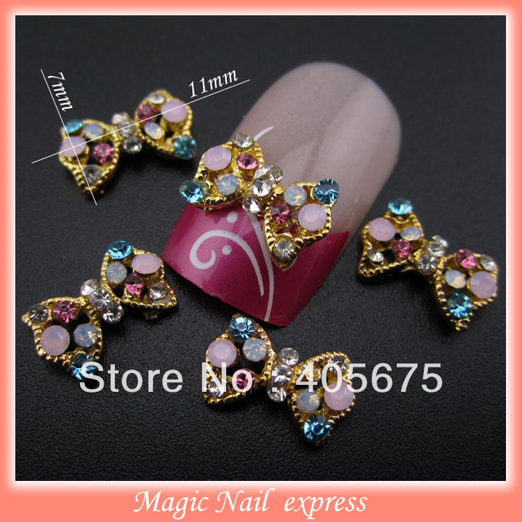3d bows nail art multicolor rhinestones hollow gold metal nail bows jewelry charms DIY nail art tools supplies