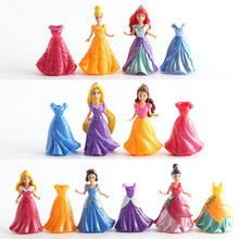 7set/lot 9cm Princess Snow White Cinderella Mermaid anime action figure set with magic clip dress best kids toys for girls SA480