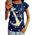 New Fashion Summer Short Sleeve Blouse Crew Neck Casual Female Ladies Anchor Pattern
