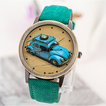 Nueva alta calidad de 2015 coches de época Geniune cuero vestido relojes europeo de dibujos animados populares de cuero de cuarzo Casual relojes mujeres