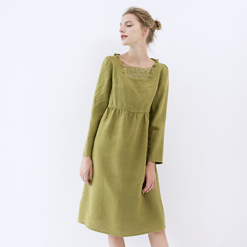 2015 vintage embroidered full linen long-sleeve loose one-piece dress