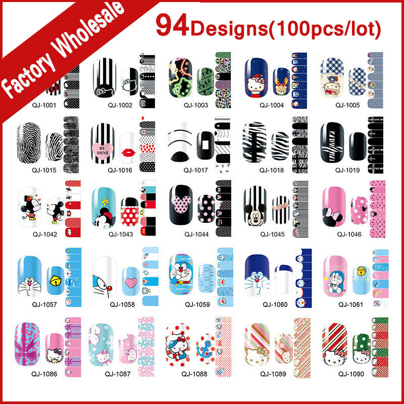 94Designs 100pcs New Arrive Hot Cartoon Nail Sticker Adhesive Nail Patch Foils Polish Wraps Nail Beauty