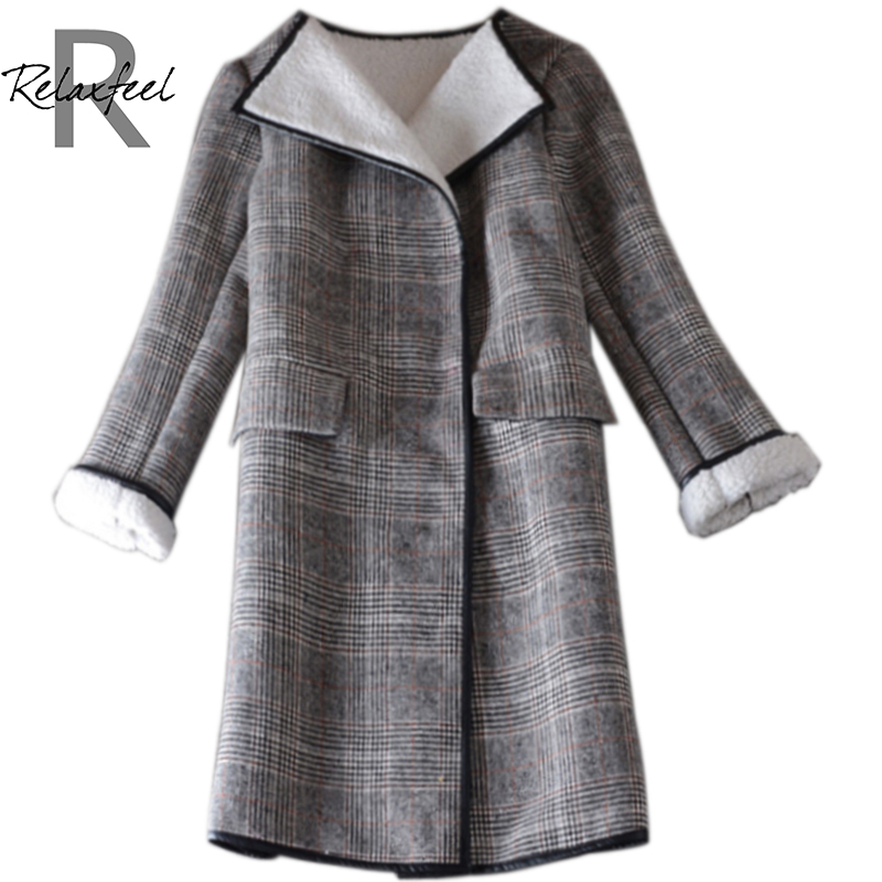 Relaxfeel 2016 Women s New winter fashion Gray Lapel font b Tartan b font Plaid Woolen
