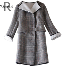 Relaxfeel 2016 Women’s New winter fashion Gray Lapel Tartan Plaid Woolen Coat