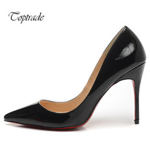New Women’s 10cm High Heels Black Patent Leather Pointed Toe Red Bottom Pumps, Ladies Luxury Sexy New Wedding Dress Shoes