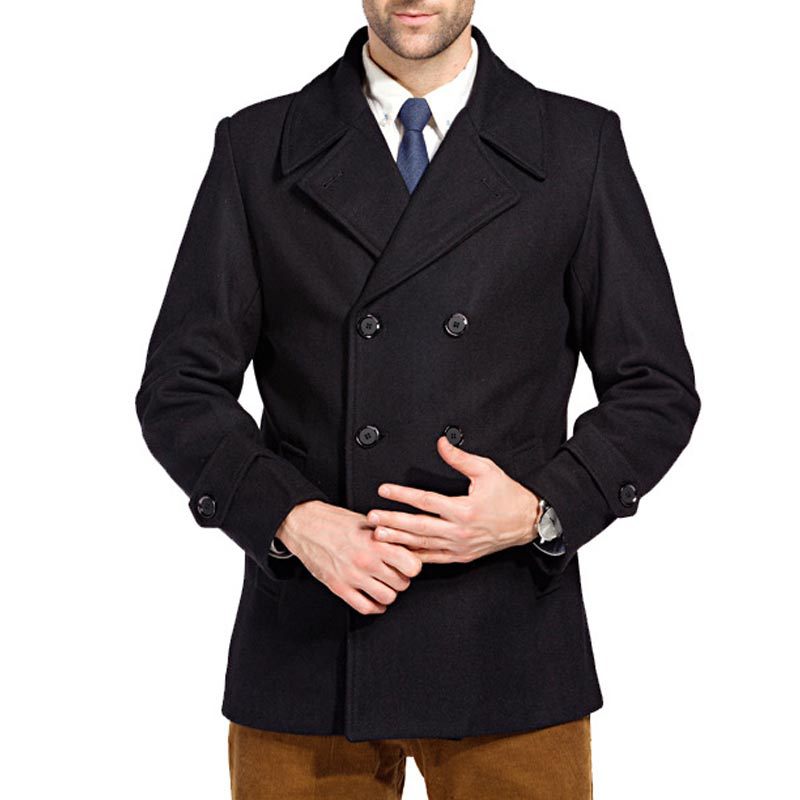 2015 New Arrival Pea Coat Men Winter Fashion Black Mens Slim Fit Wool Blend Double Breasted Trench Coat Jacket Brand Coat Male