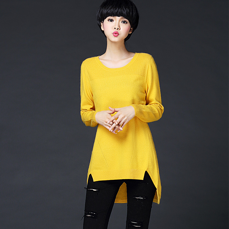 Women Side Split Pullovers Knitted Sweater Yellow Gray Ladies Autumn Winter Fashion Casual Sexy Long Sleeve O-neck Pull Femme