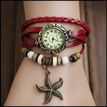 Envío gratis – la nueva vendimia del cuarzo mujeres se visten Watchs colgante estrellas de mar de cuero sintético reloj reloj de lujo