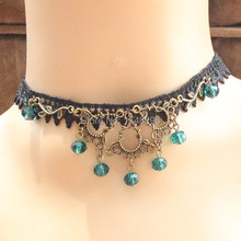 Retro Black Lace Weave Lace Closure Collar Choker Necklace Green Crystal Beads Drop Statement necklace