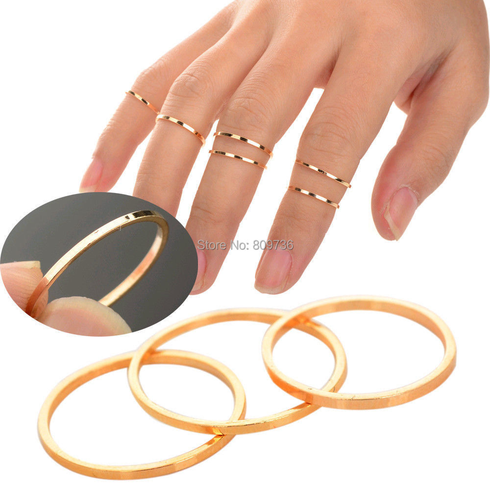 5PCS Set Hot Sell Punk Urban Gold stack Plain Above Knuckle Ring Band Midi Mid Finger