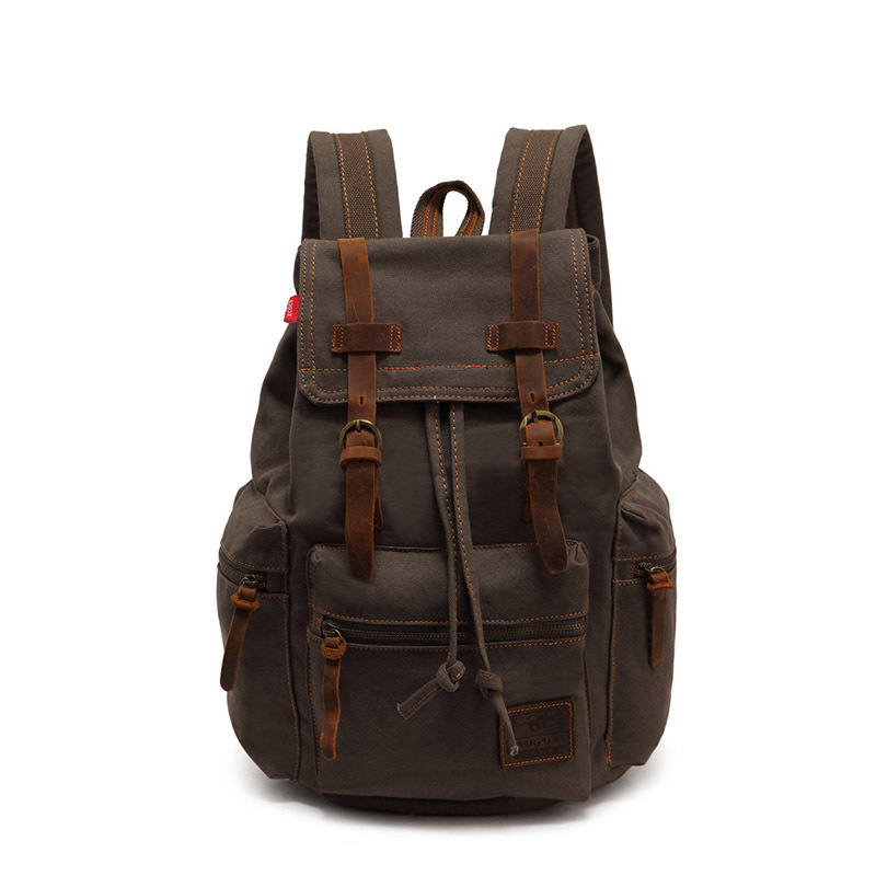 Men Vintage Satchel Canvas Leather Backpack Rucksack bags travel military school Bag men sports outdoor hiking