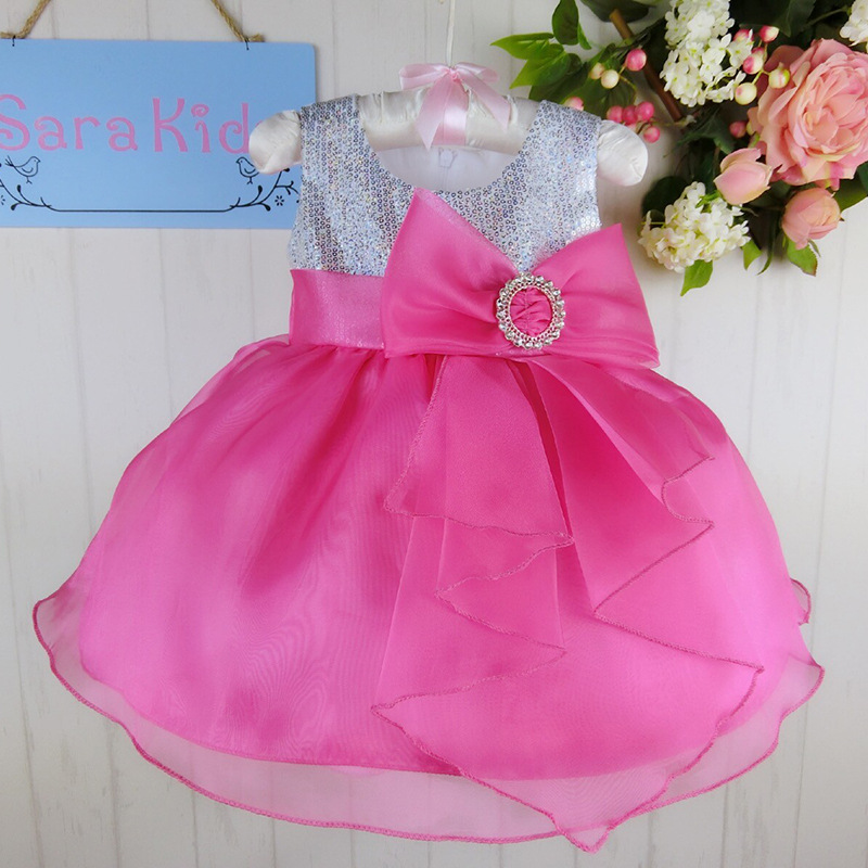 Wholesale baby girls sequined ball gown girls sleeveless dress with bowknot four color party dress   8029