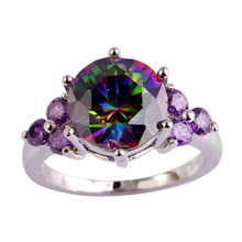 Wholesale Mysterious Round Cut Rainbow Topaz Amethyst 925 Silver Ring Size 6 7 8 9 10