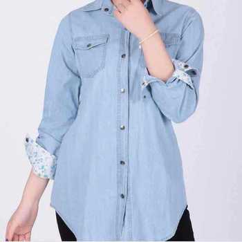 Женщины джинсовые рубашки блузки с длинным рукавом твердые Blusa Feminina ренда свободного покроя леди одежда Blusas Mujer Большой размер XXL голубой