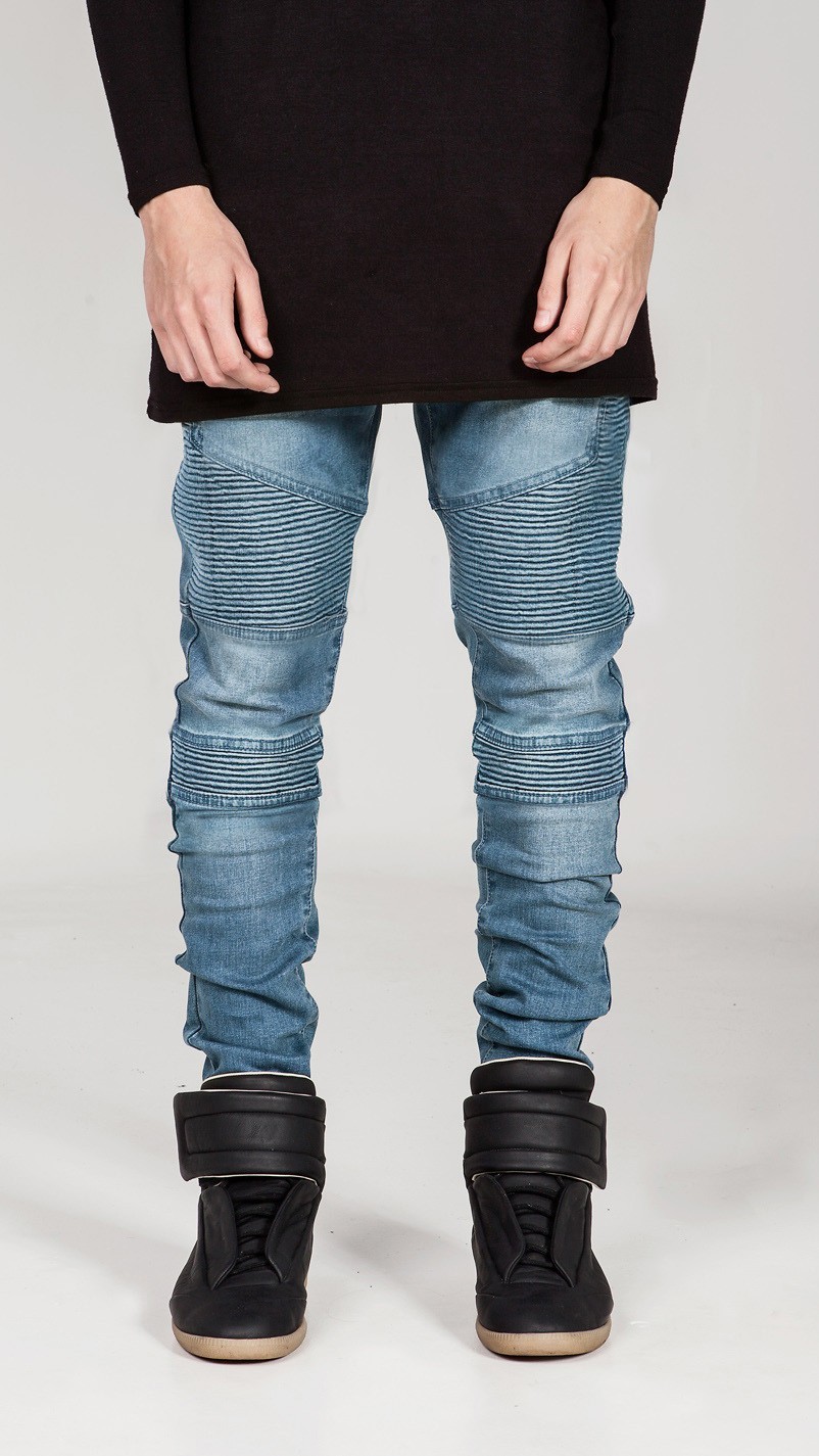 Mens Skinny jeans men 2015 Runway Distressed slim elastic jeans denim Biker jeans hiphop pants Washed black jeans for men blue