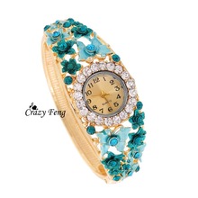 Women relogio feminino Bohemian Style Bracelet Fashion Gold Plated Hollow Flower Rhinestone Jewelry Crystal Vintage Quartz Watch