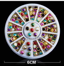Hot Sale Colorful Half Round Nail Pearls with Metal Studs Rhinestones Wheel Nail Decoration Supplies