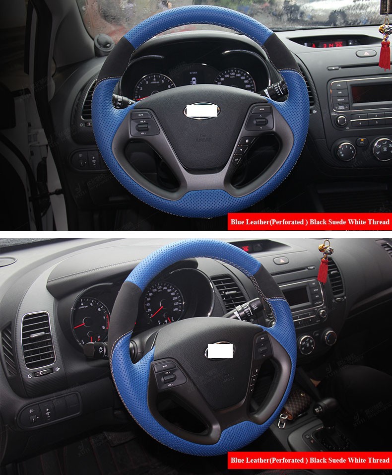 for Kia K3 Blue Leather Black Suede White Thread Steering Wheel Cover