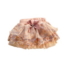 Cute Baby Kids Girl Bow Floral Pompon Layered Skirt Floral Tulle Tutu Skirt 2-6Y