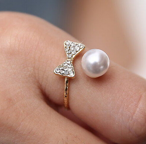 2015 Fashion jewelry Silver Plated Crystal Pearl cute Bowknot Adjustable Rings