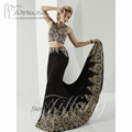 Sexy Two Piece Prom Dresses 2016 Louisvuigon Black Gold Lace Pageant Dress for Women Formal Evening