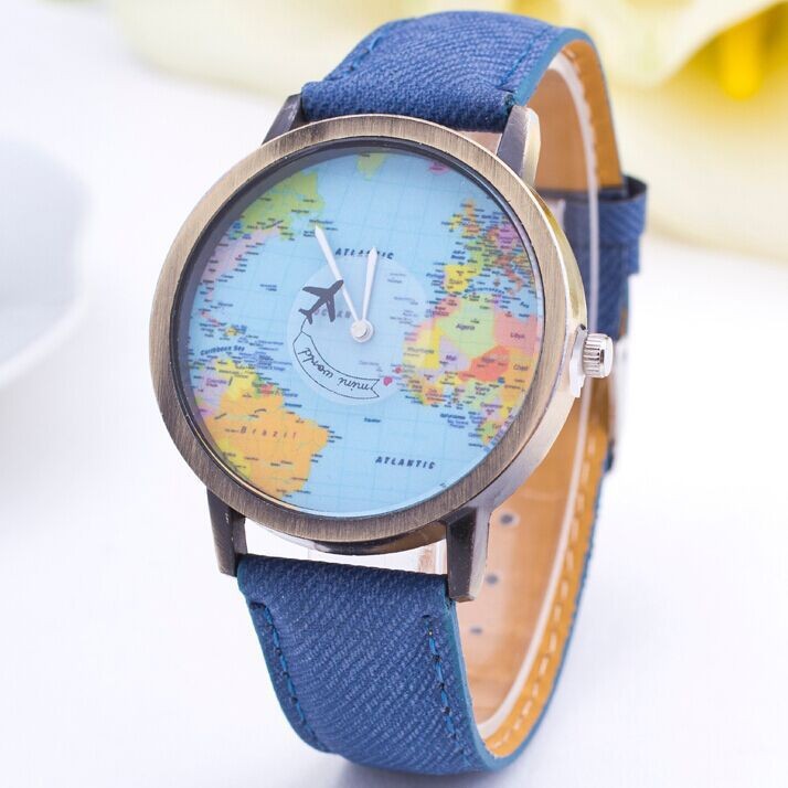 World Map Airplane Pattern Watch Women Wristwatch 2015 New Fashion Casual Quartz Watch Fabric Leather Femenino