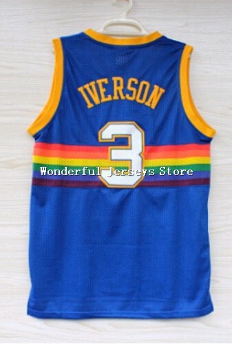 3 Allen Iverson Throwback Jersey Denver #3 Rainbow Blue Basketball Jersey Embroidery Logos Free Shipping