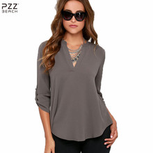 Plus Size V Neck Top Loose Chiffon Casual Blouse Orange Long-Sleeved Shirt Tunic Vintage Casual Shirt Women Office Blouse 2016