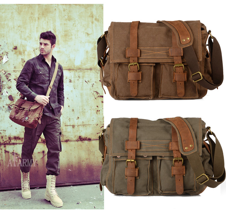 Men&#39;s Vintage Canvas Leather School Military Shoulder Bag Messenger Sling Crossbody Bag Satchel ...