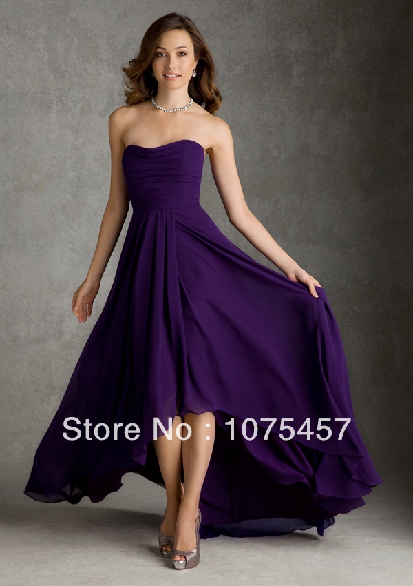 Purple Bridesmaid Dresses Short Front Long Back Chiffon with Pleat Off
