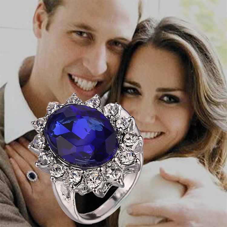 Fashion Imitation Diamond Jewelry Wedding Ring British royal Princess Kate Prince William Sapphire Ring For Women