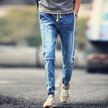 Casual Hot Sale Jeans Homme Summer Style 2016 Japanese Retro Sport Washed Denim Trousers Slim Spliced Striped Jeans Skinny Male