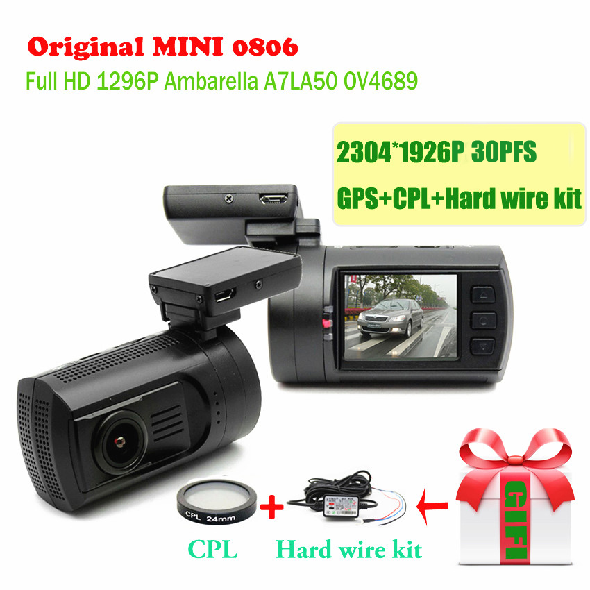 Car DVR Mini 0806 Dash Cam Camera Recorder Ambarella A7LA50 Super 1296P With GPS Parking Sensor Free CPL+Hard Wire Kit