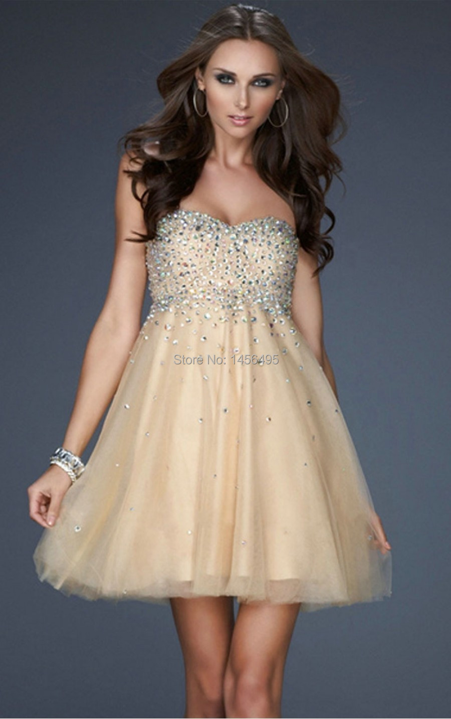 2015 hot sale cheap elegant sweetheart beading champagne short prom dresses simple prom dresses ...