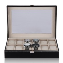2016 Luxury Brand Watch Display Black Box Faux Leather 12 Grid Case Jewelry Storage Organizer For Watches caja reloj