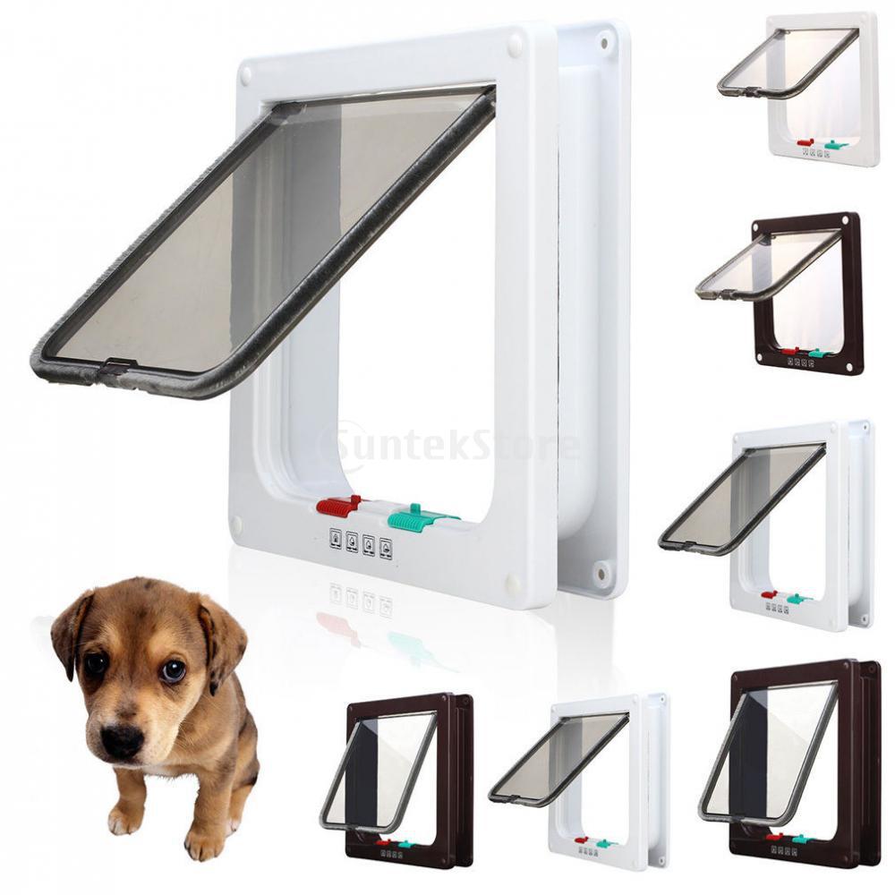 Pet Dog Cat Puppy 4 Way Supplies Lock Lockable Safe Flap Door Gate-White/ Brown S/M/L