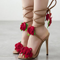 2016 Sexy Plus Size Summer High Thin Heel Women Sandals Shoes Flock Flower Cross Strap Wedding