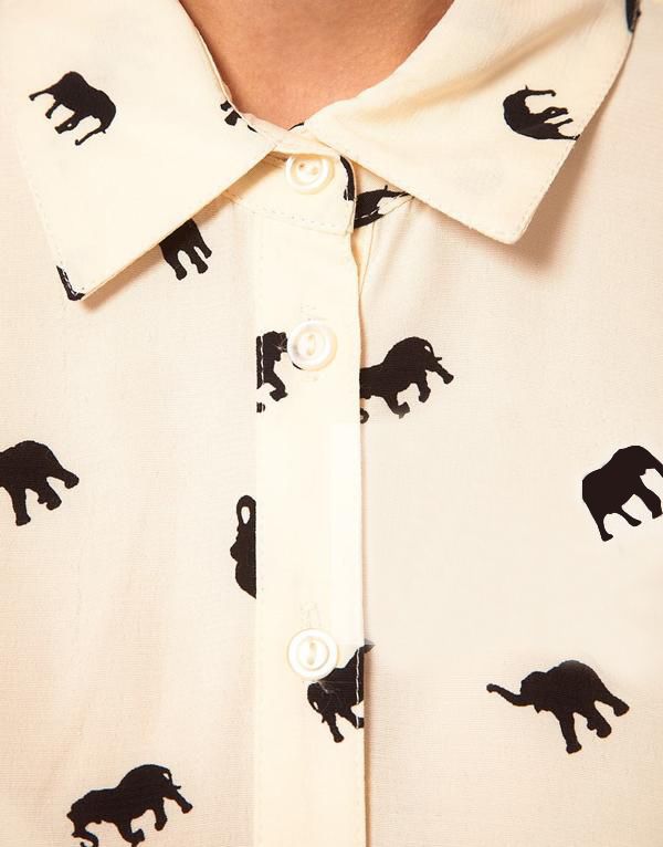 2014 Spring Autumn Animal Elephant Print Lapel Collar Button Down Slim Blouse OL Tops Long Sleeve Shirt