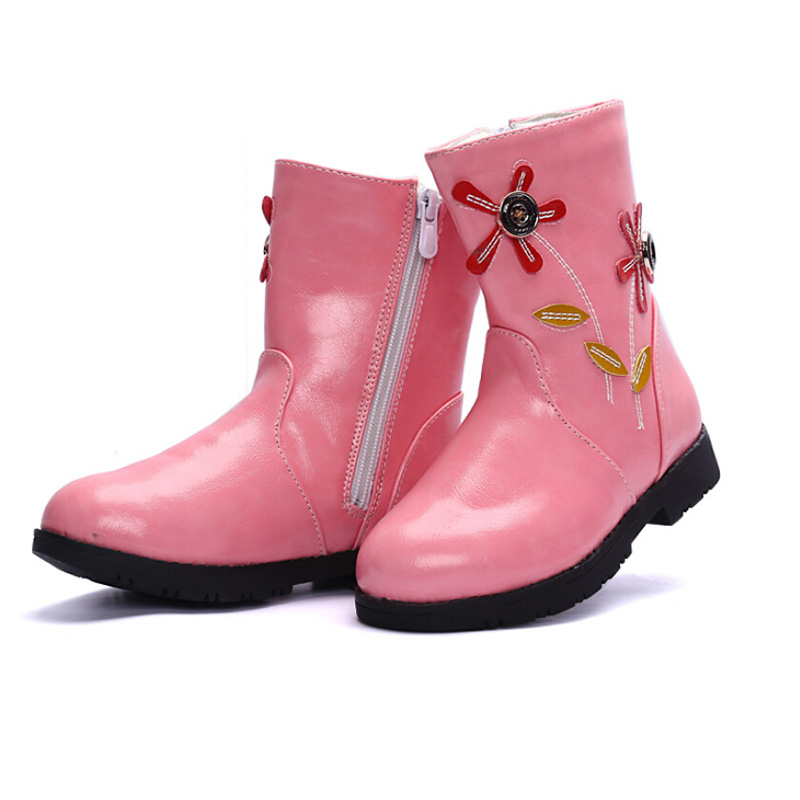 Hot sale kids shoes girls boots beautiful flower pu leather boots kids warm cotton boots girls winter boots girls shoes